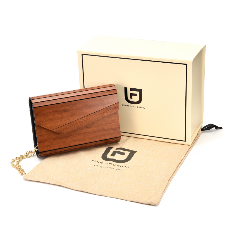 Wooden clutch with box and drawstring bag.