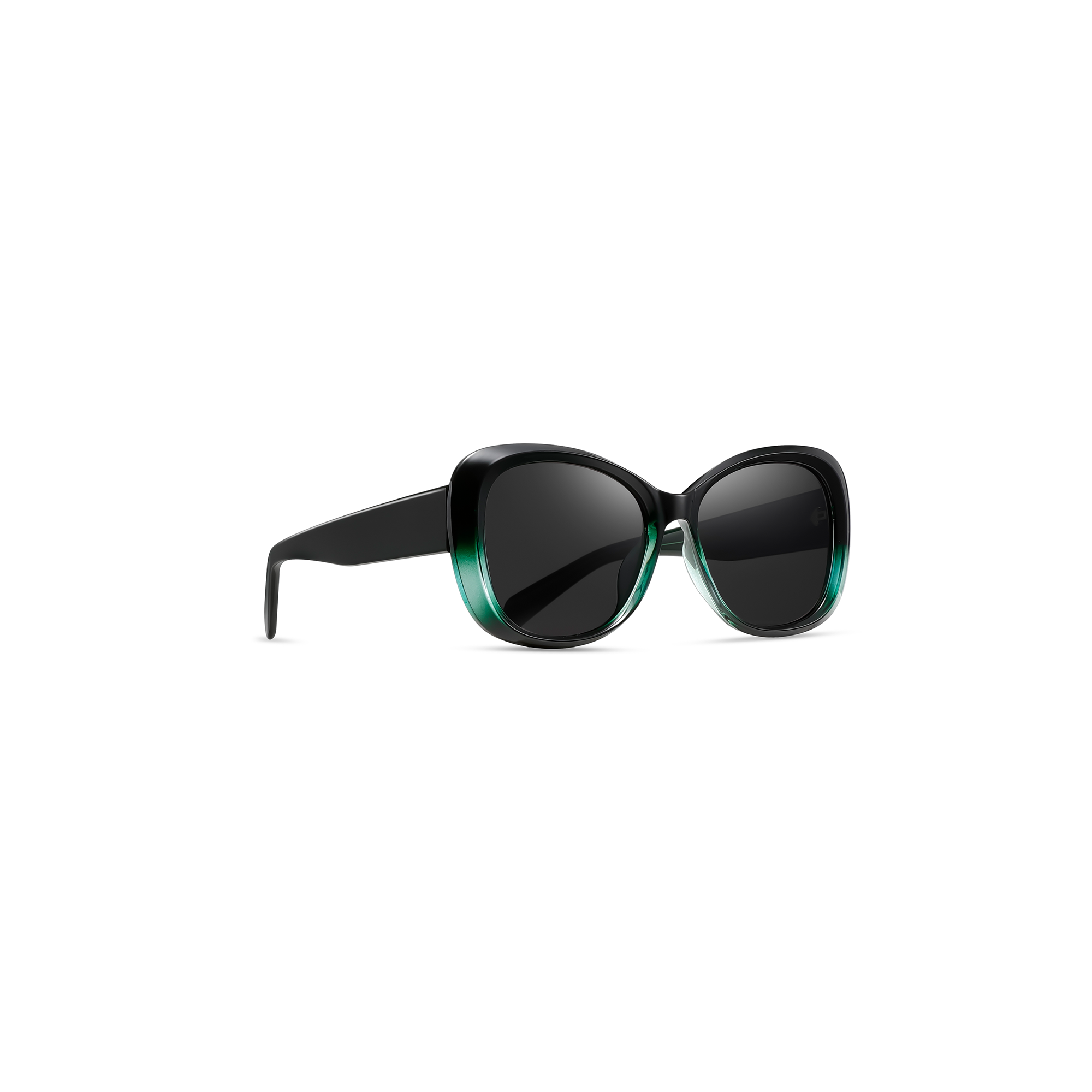 Florin green side view Stylish black sunglasses with gradient green rims.