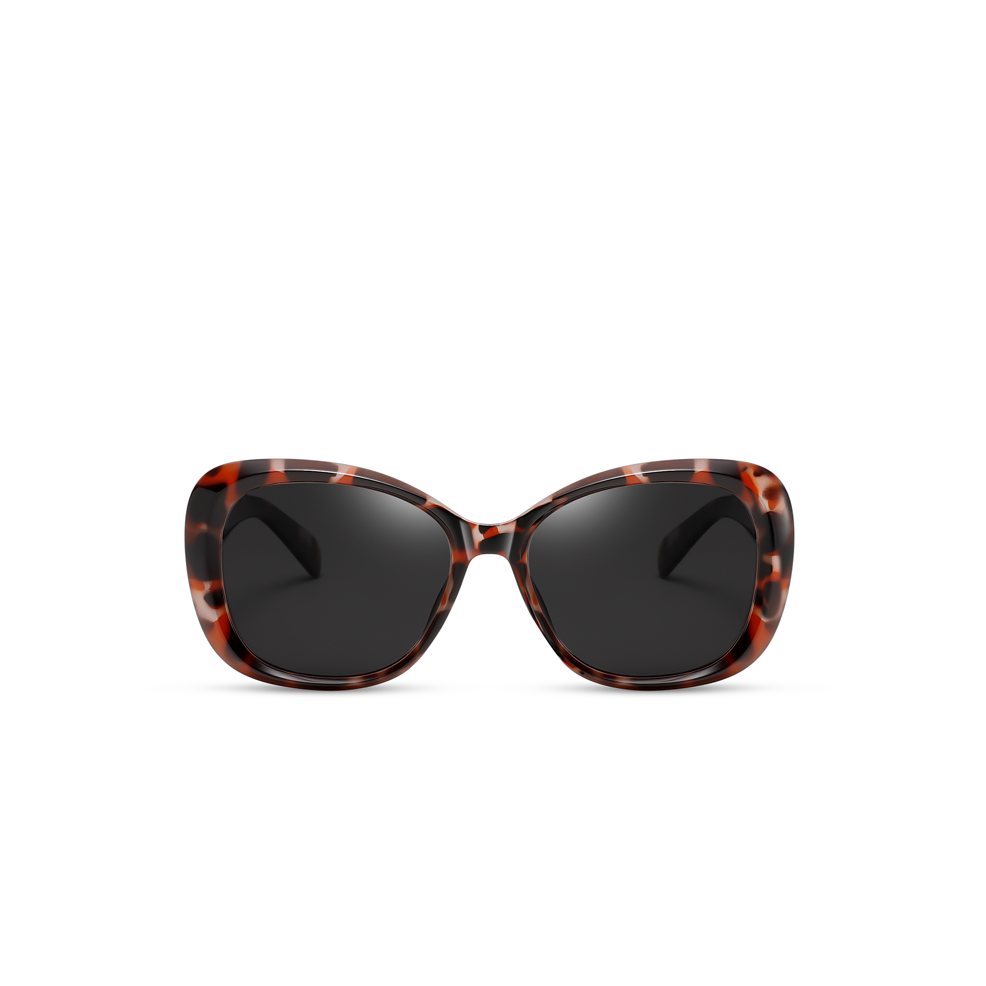Florin tortoise front view Cat-eye tortoiseshell sunglasses with dark lenses.