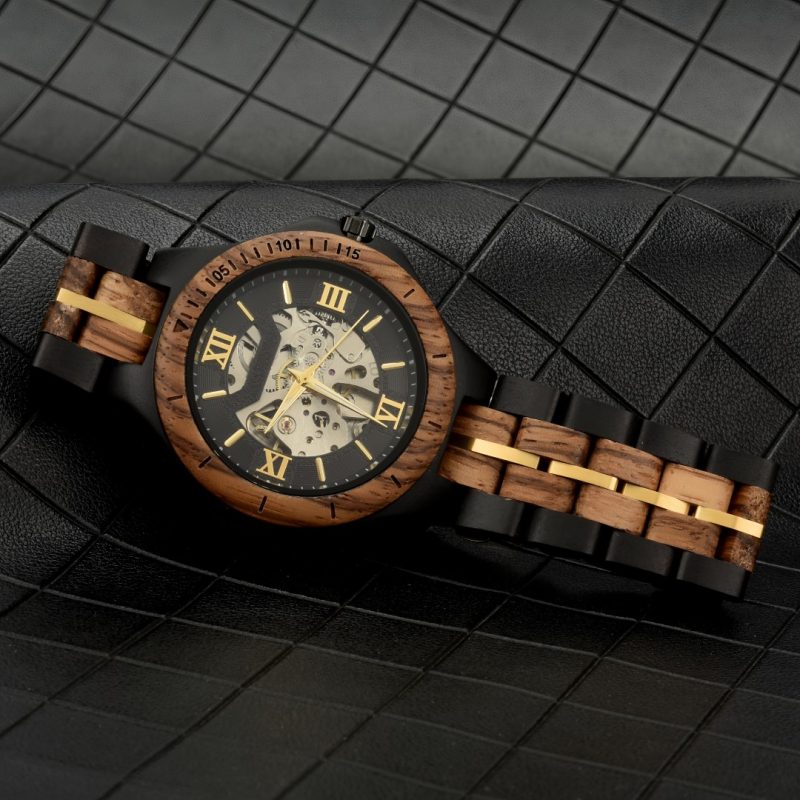Luxury wooden watch with Roman numerals on leather