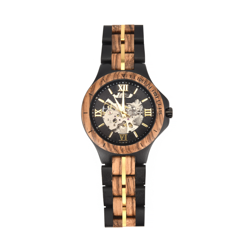Elegant wooden watch with visible gears and black face.