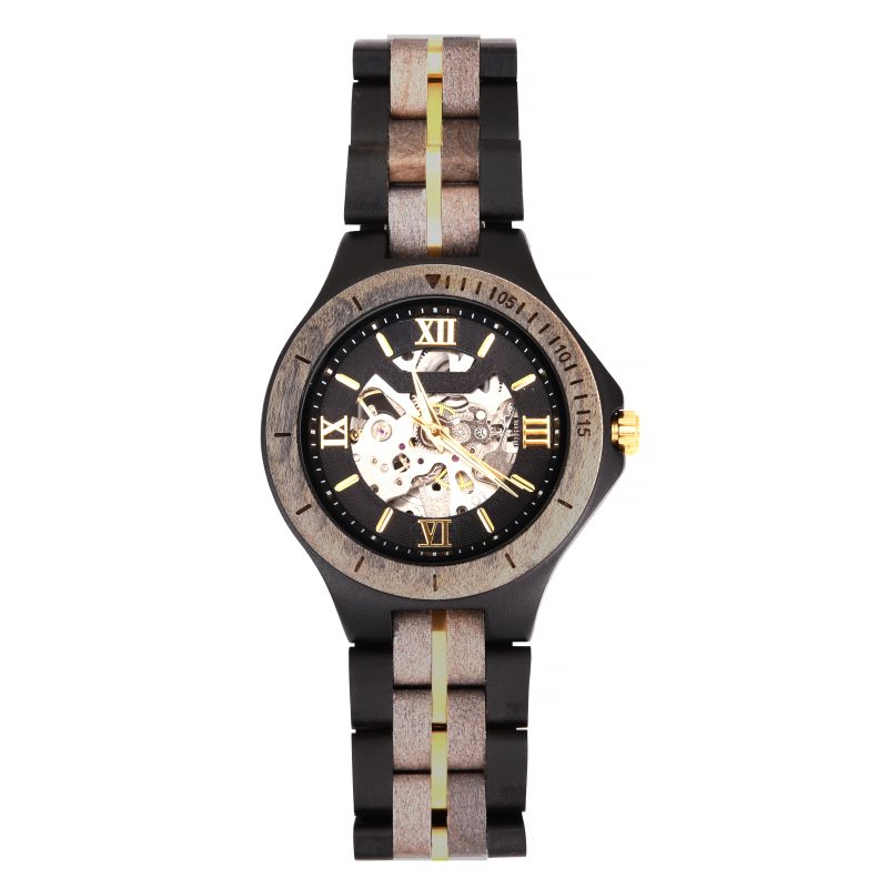 Elegant wooden watch with visible gears.
