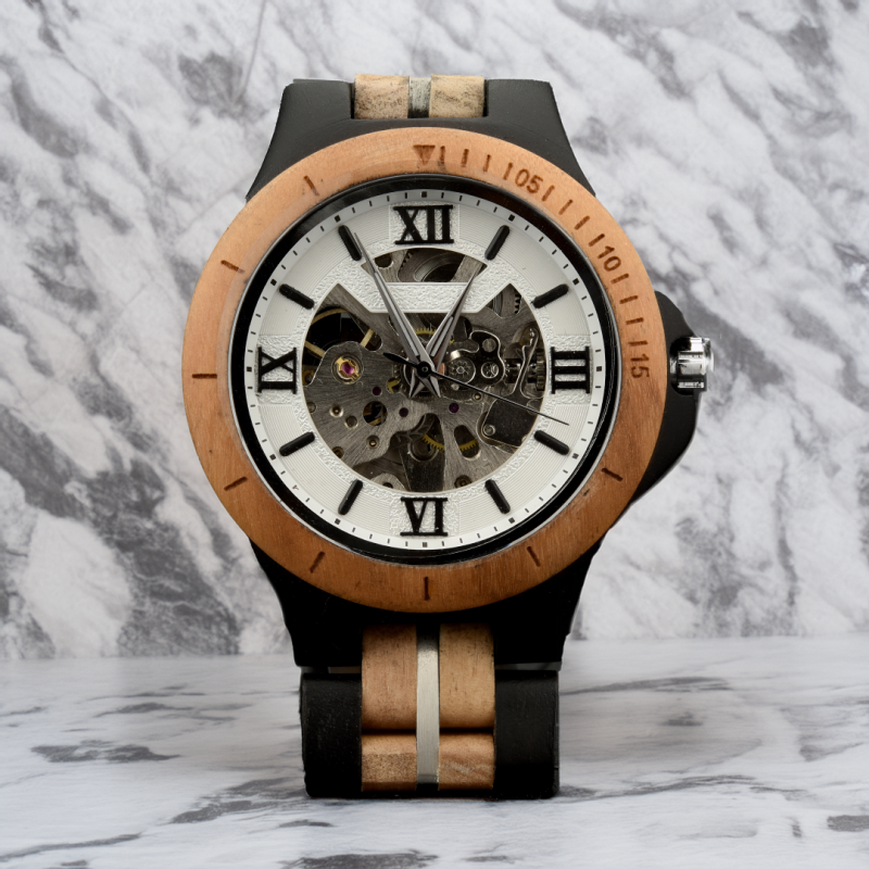 Wooden wristwatch with exposed gears and Roman numerals.
