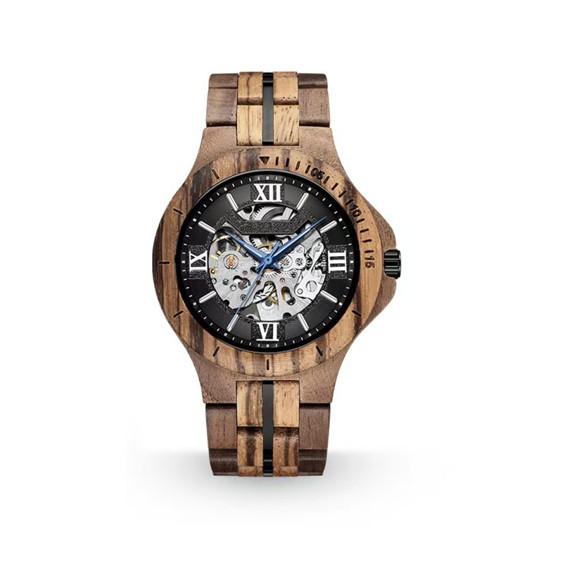 Wooden wristwatch with visible mechanical gears.