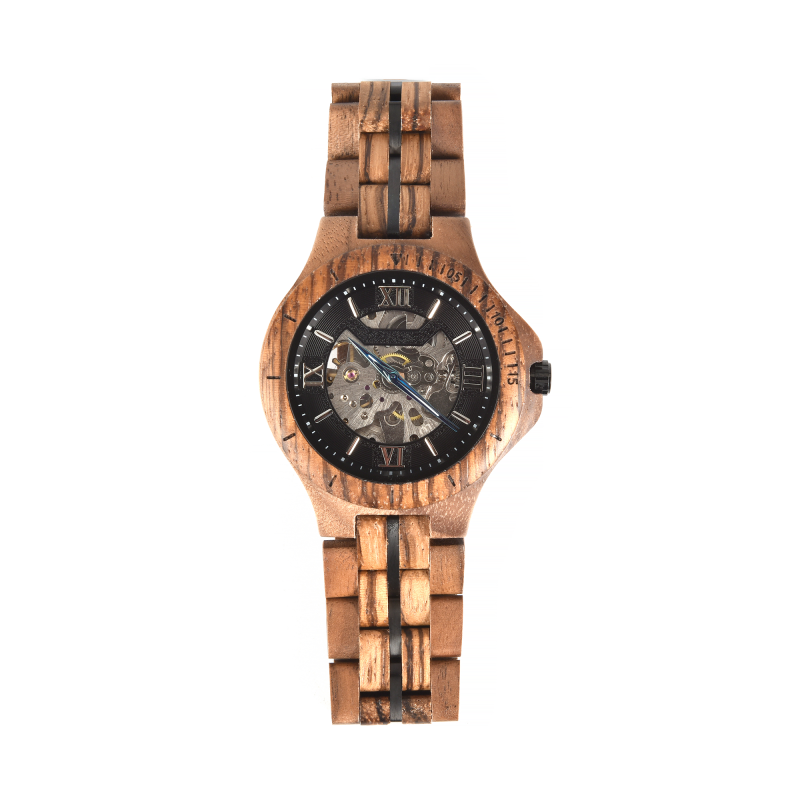 Wooden watch with visible mechanics and Roman numerals.