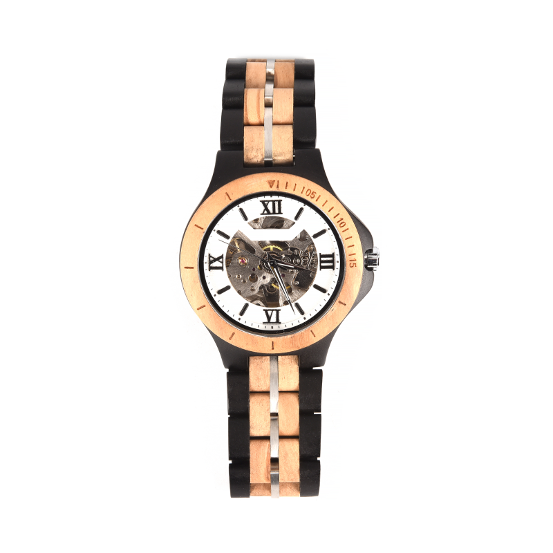Luxury watch with two-tone bracelet and visible gears.