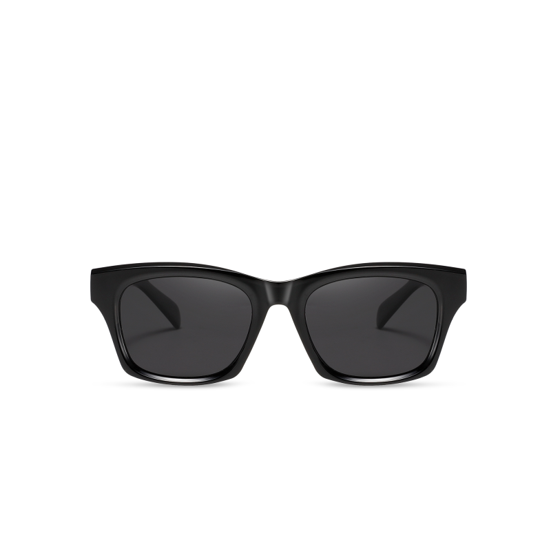 Black rectangular sunglasses on white background.