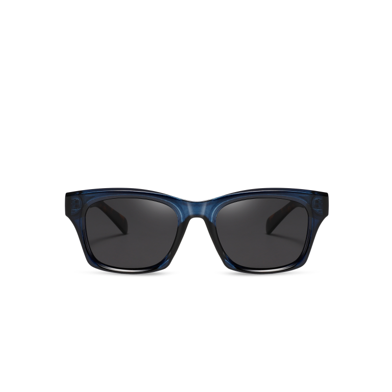 Dark tinted sunglasses with blue frames on display.