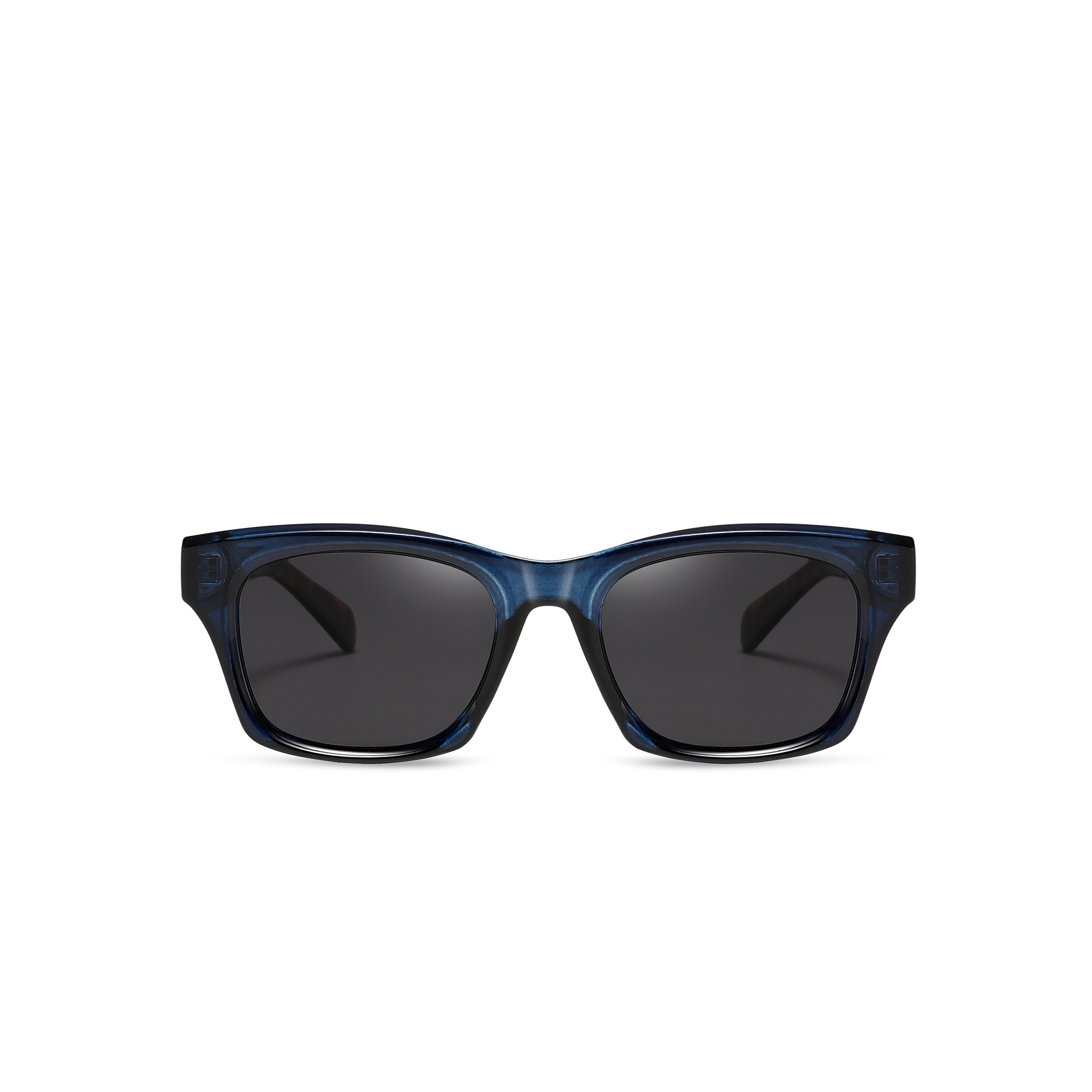 Hatton by find unusual blue tortoiseshell front view Dark tinted sunglasses with blue frames on display.