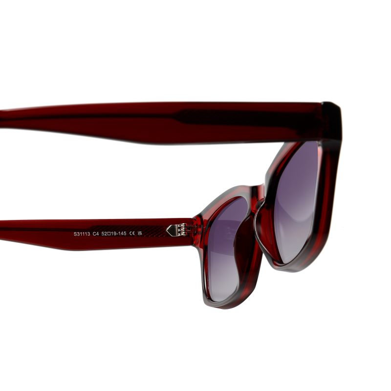 Red sunglasses with purple tinted lenses