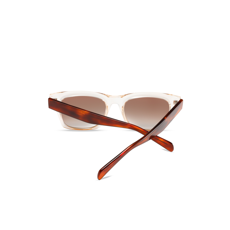 Sunglasses with transparent frame and brown temples.