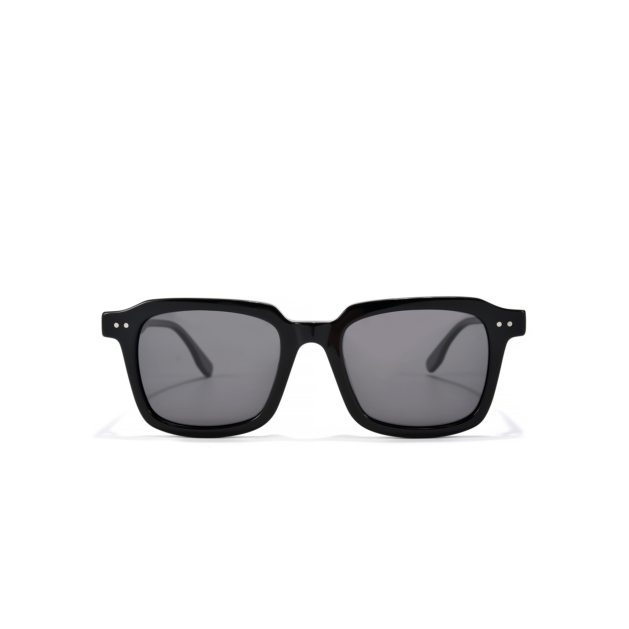 Ladbroke side view blk front Black square sunglasses with dark lenses.