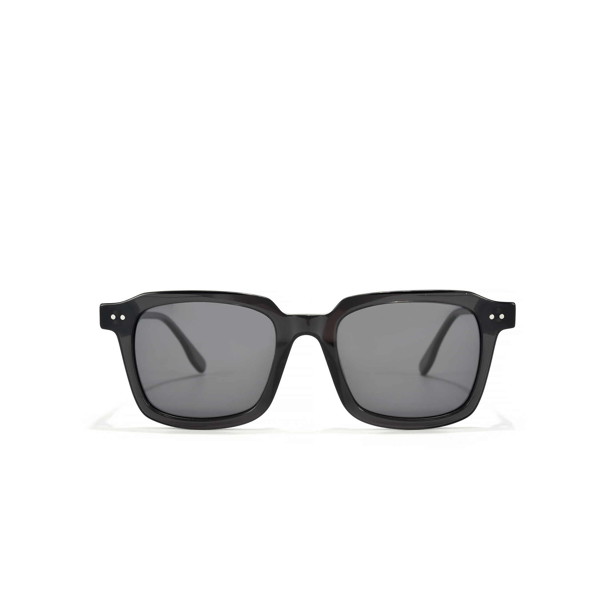 Ladbroke side view grey front Black rectangular sunglasses on white background.