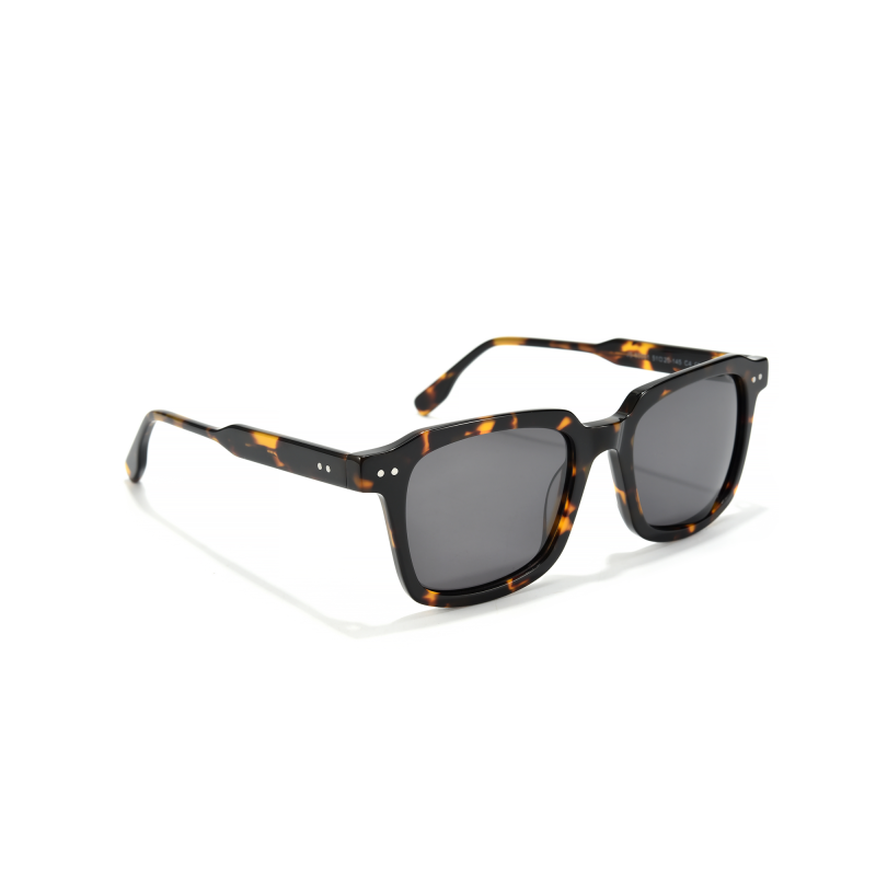 Tortoiseshell square sunglasses with dark lenses.