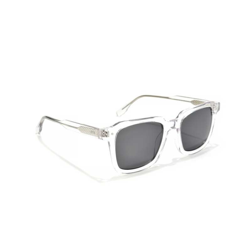 Clear-frame sunglasses with dark lenses.