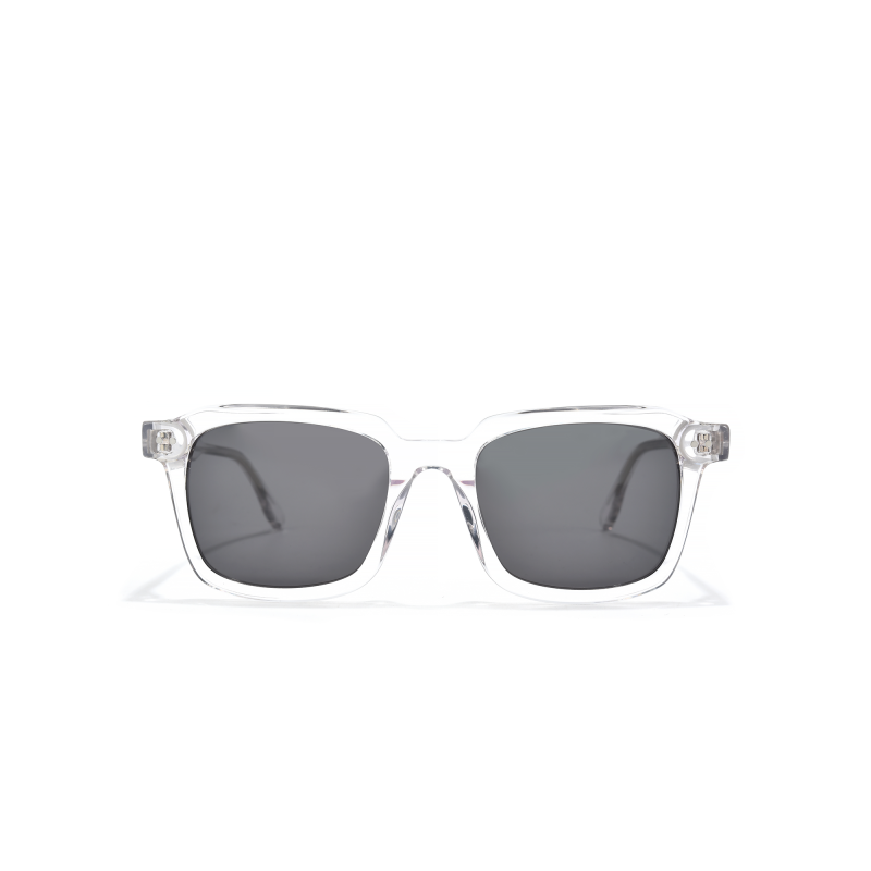 Transparent frame sunglasses with dark lenses.