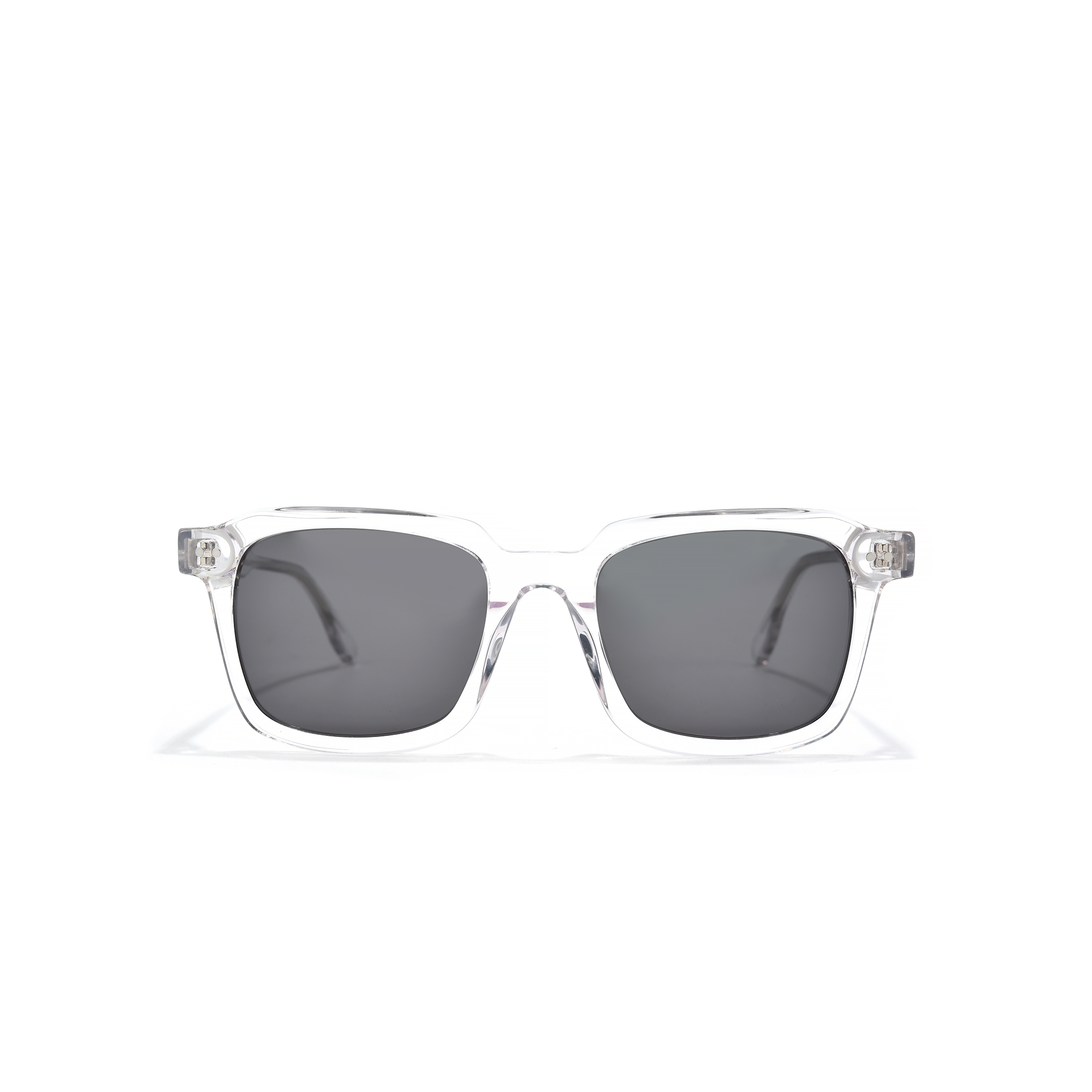 Ladbroke side view transparent front Transparent frame sunglasses with dark lenses.