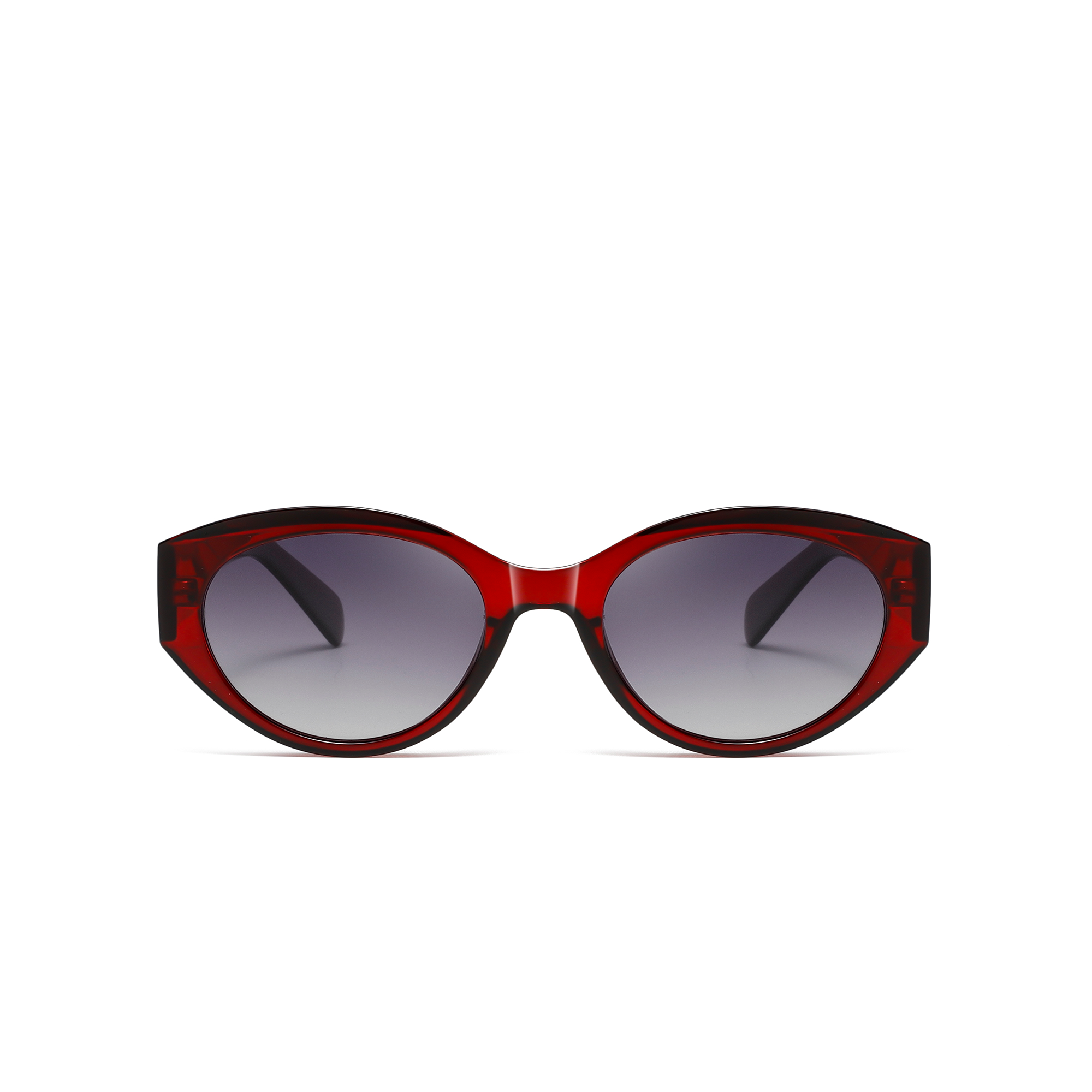 Langham by find unusual front view burgundy Red cat-eye sunglasses with dark lenses.