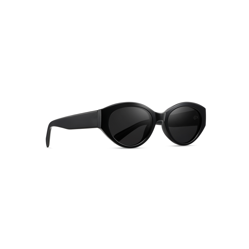 Stylish black round sunglasses on white background.