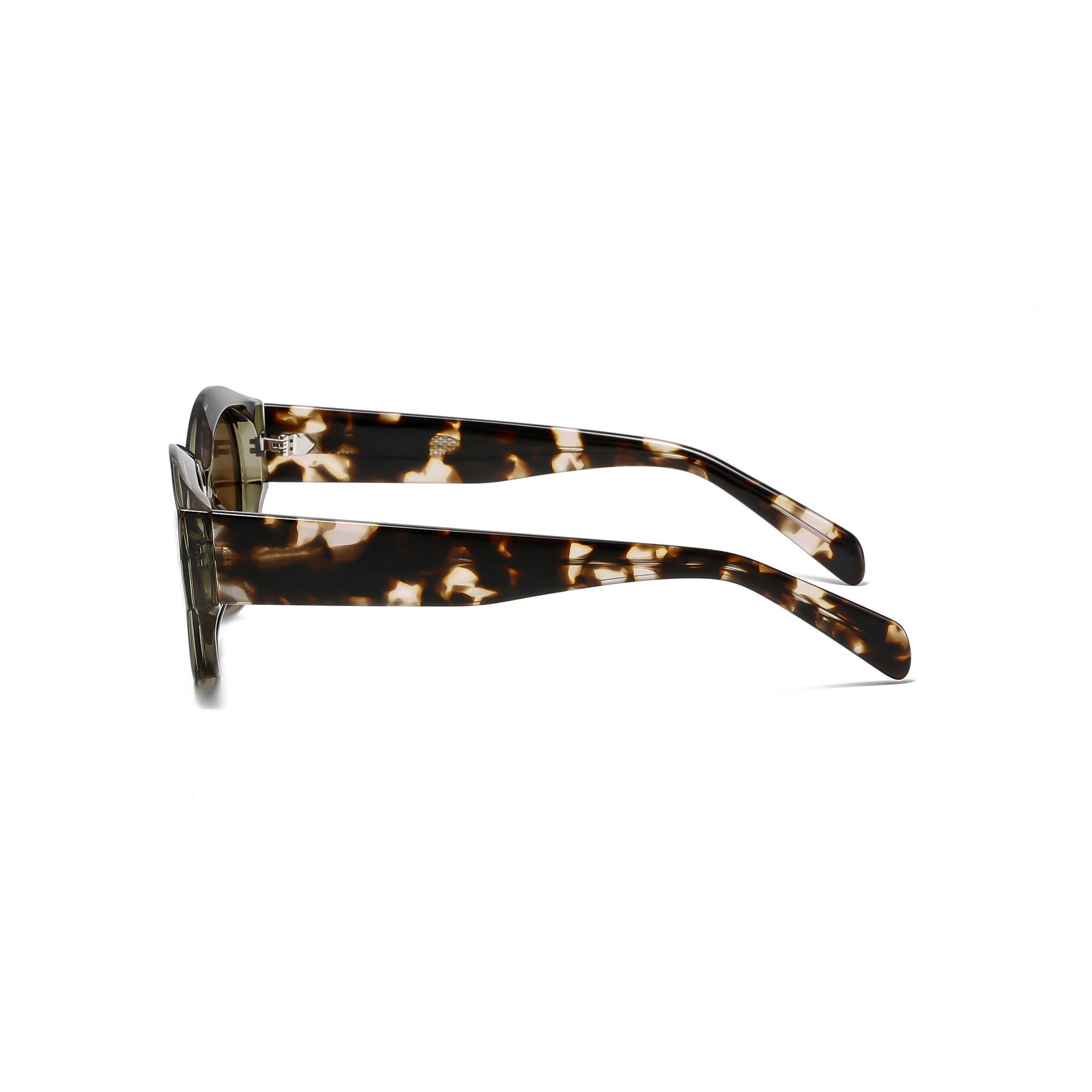 Langham by find unusual side view detail Side view of tortoiseshell eyeglass frame.