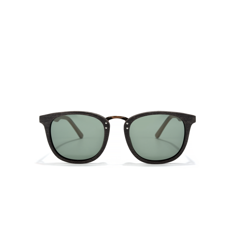 Stylish black sunglasses with green lenses.