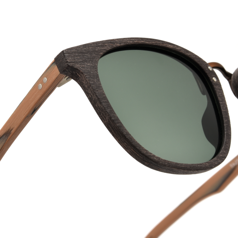 Stylish wooden sunglasses with green lenses.