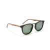 Stylish wooden frame sunglasses with green lenses.