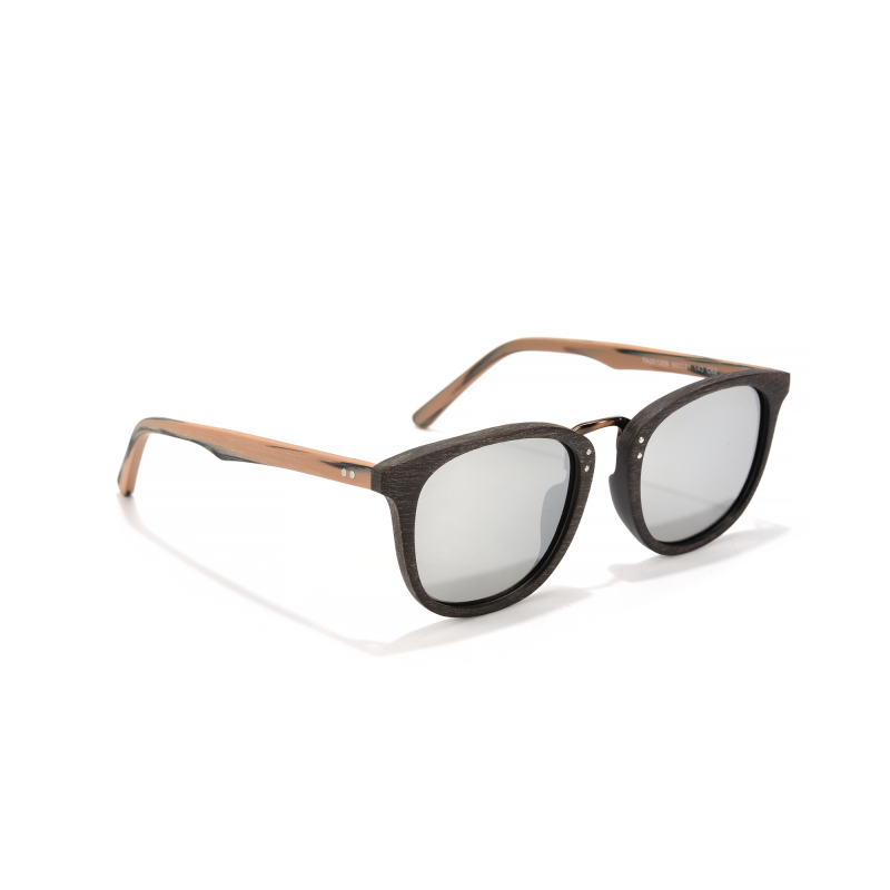 Stylish wooden-frame sunglasses with mirrored lenses.