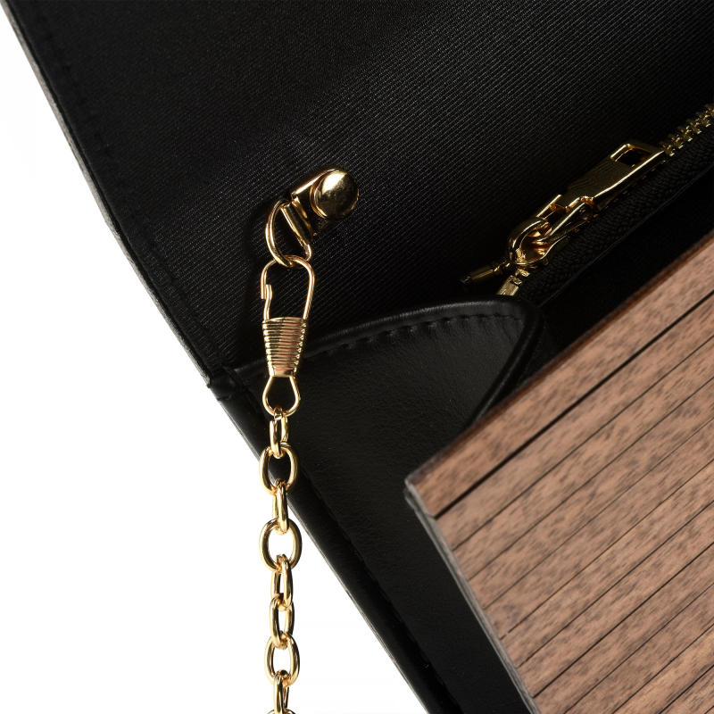 Close-up of purse with gold chain and zipper.