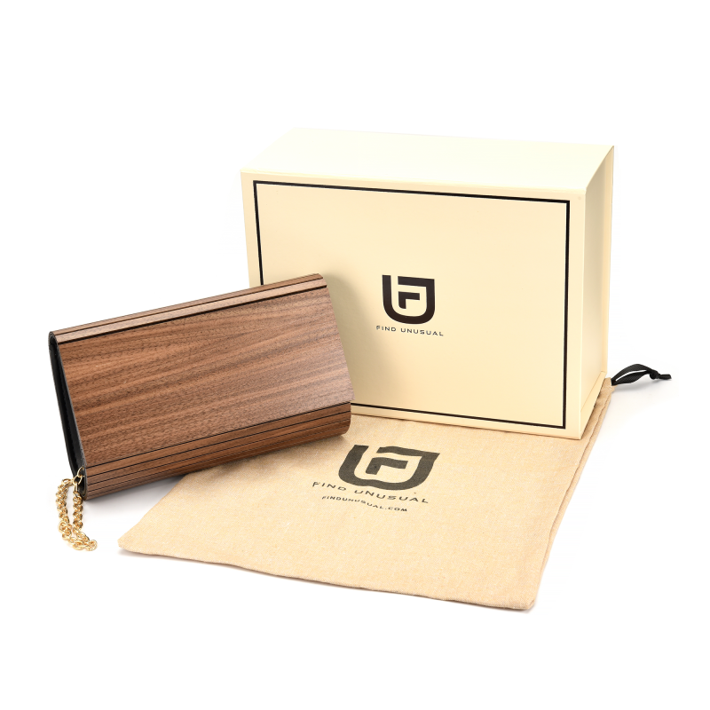 Wooden clutch with branded box and pouch