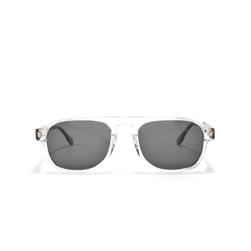 Stylish sunglasses with clear frames and dark lenses.