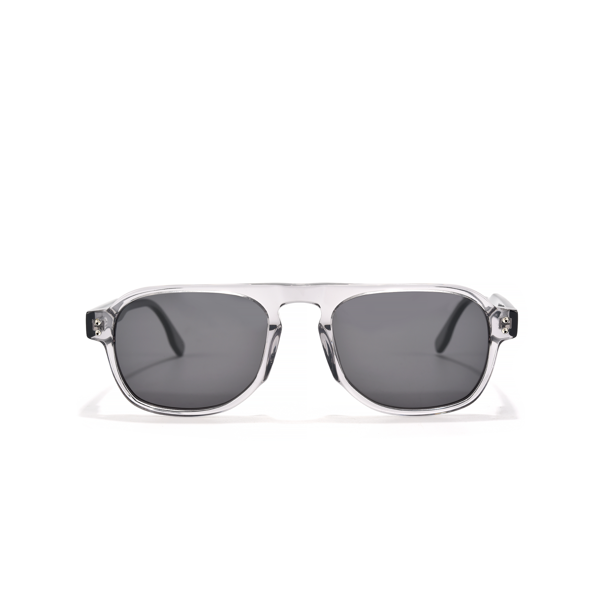 PORTMAN GREY TRANSPARENT Stylish black sunglasses on white background
