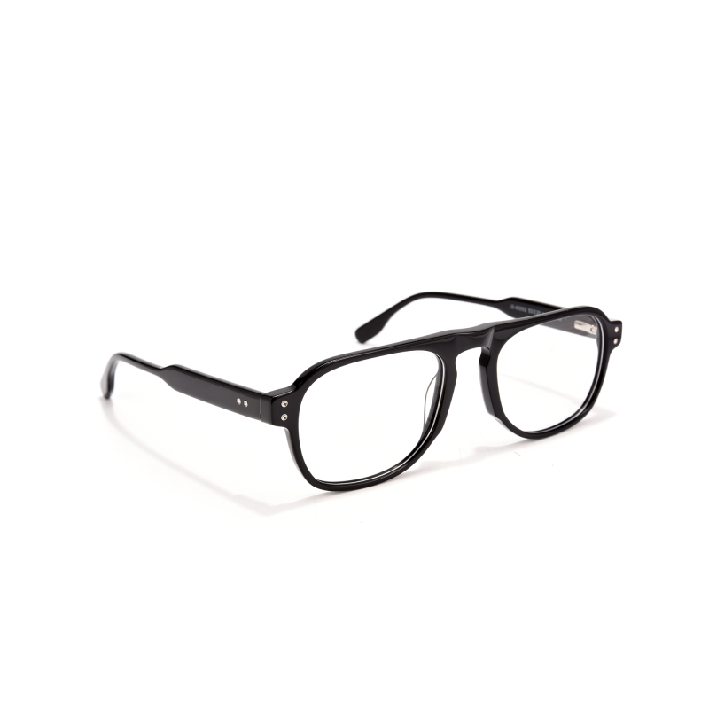 Black prescription glasses on white background.