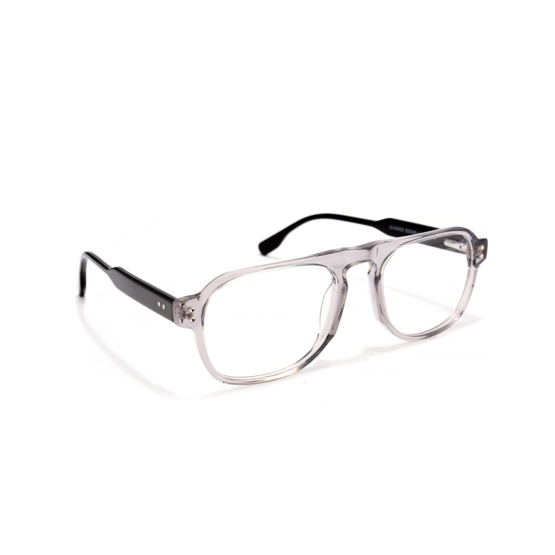 Clear frame glasses with black arms.