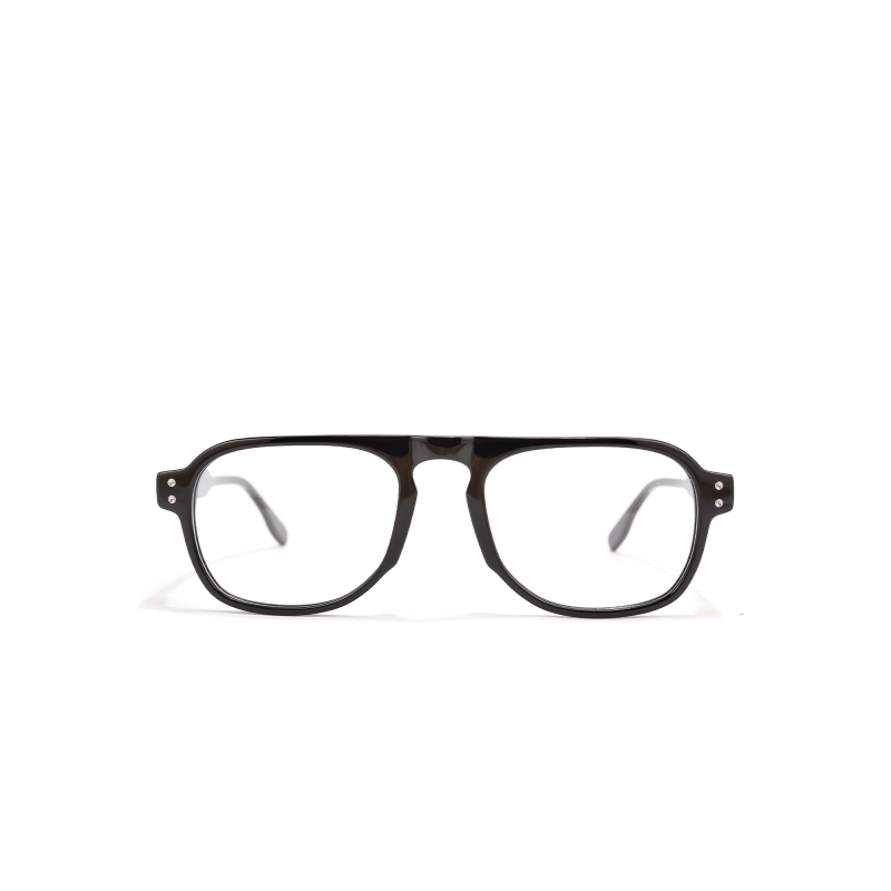 Black square eyeglasses with clear lenses on white background.