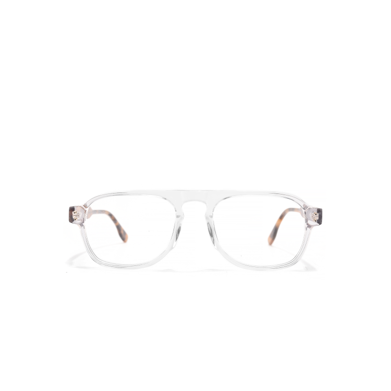 Clear eyeglasses with rectangular frame on white background.