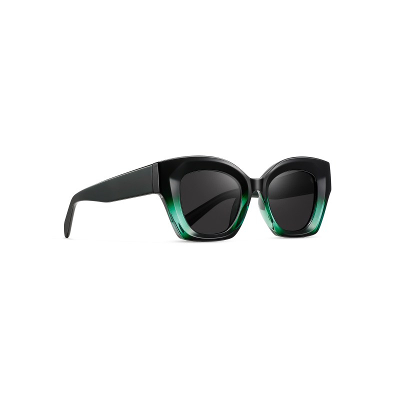 Stylish black and green sunglasses on white background.