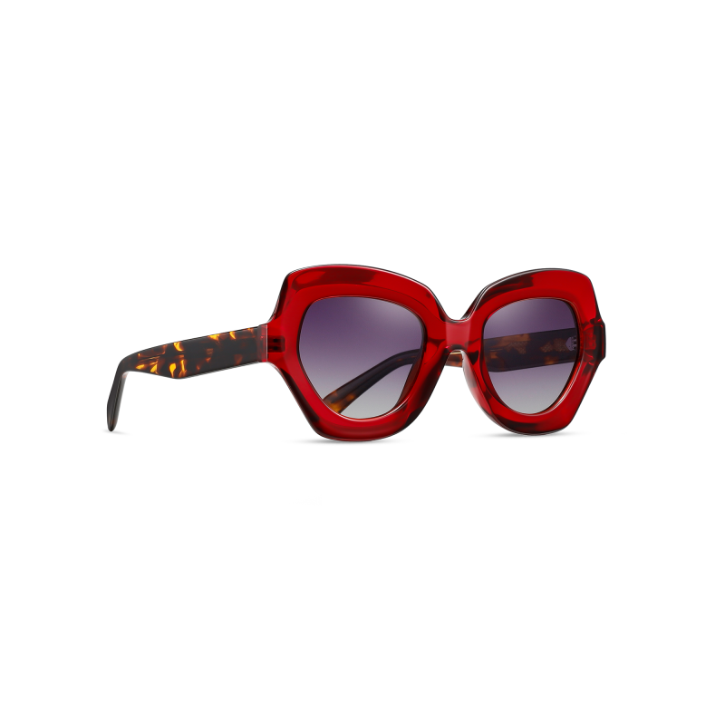 Red oversized sunglasses with tortoiseshell arms.