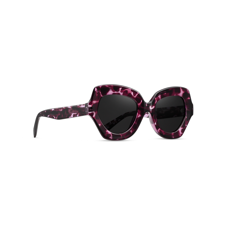 Purple tortoiseshell sunglasses with black lenses