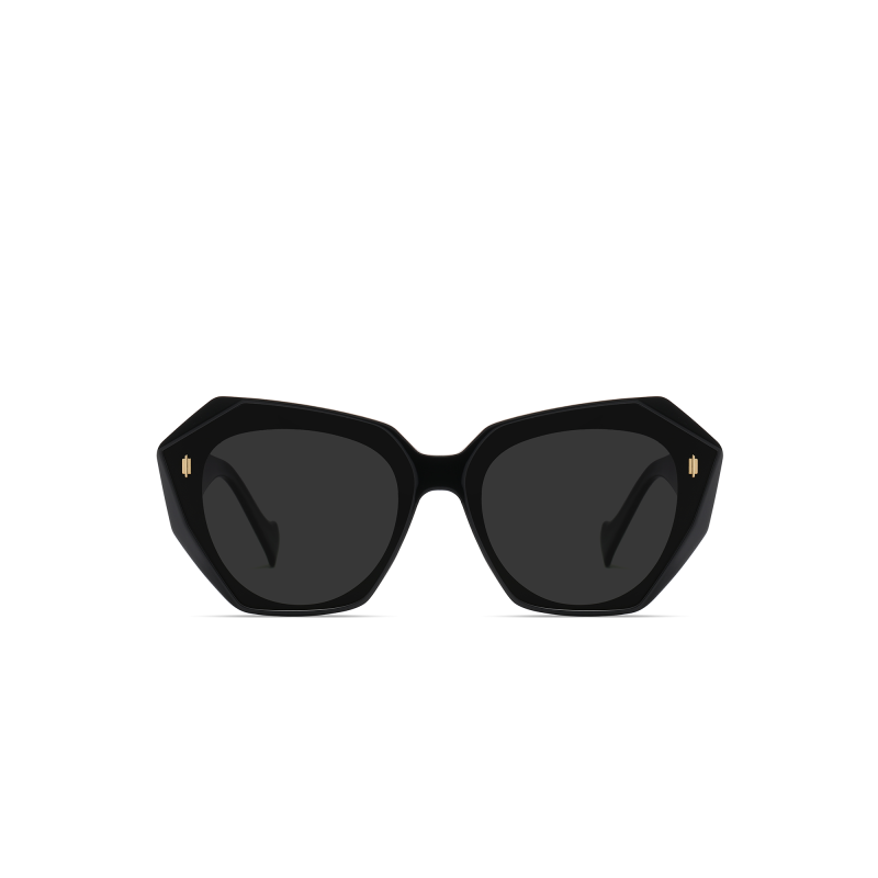 Black geometric sunglasses with dark lenses