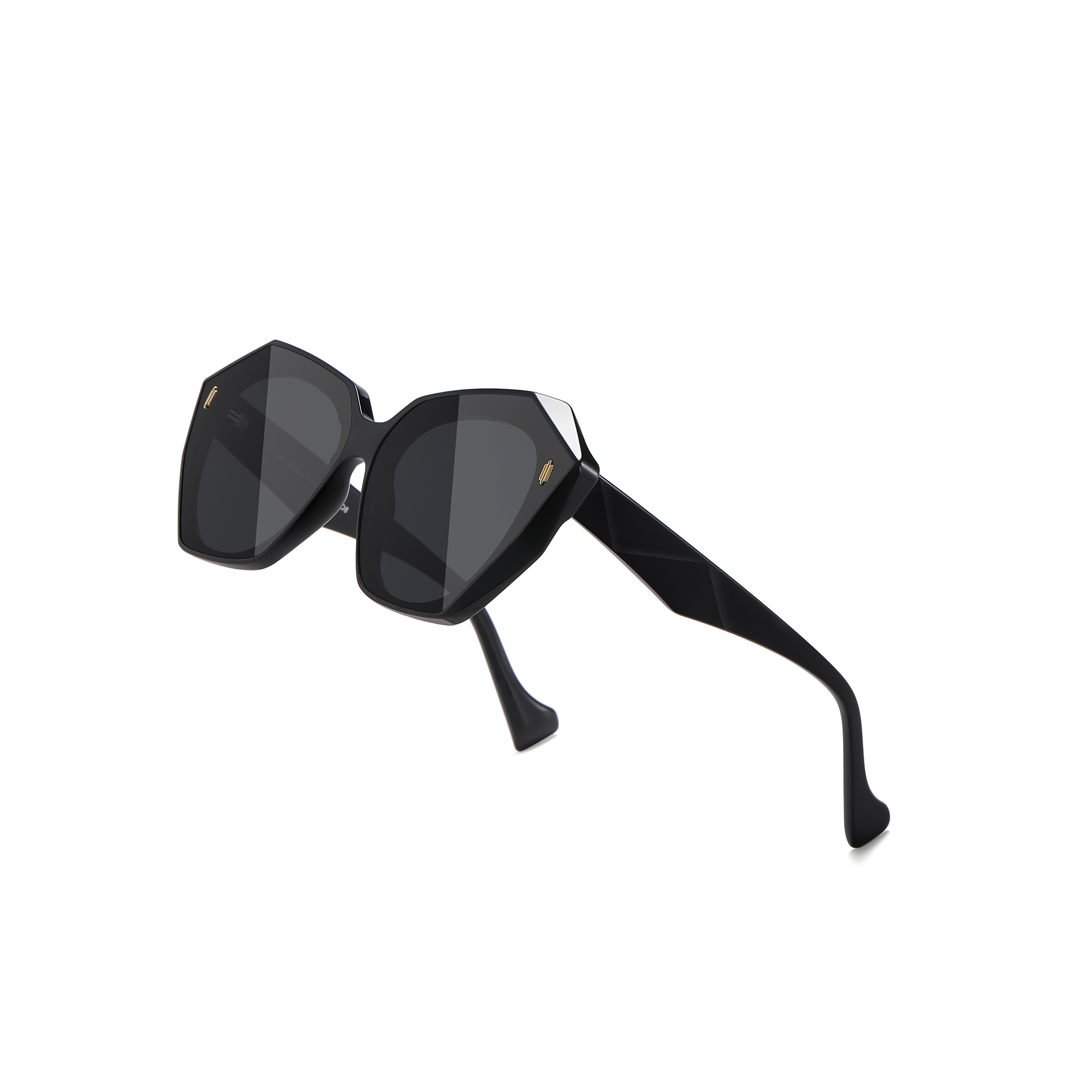 mercer by find unusual black side angle Black geometric sunglasses with tinted lenses.