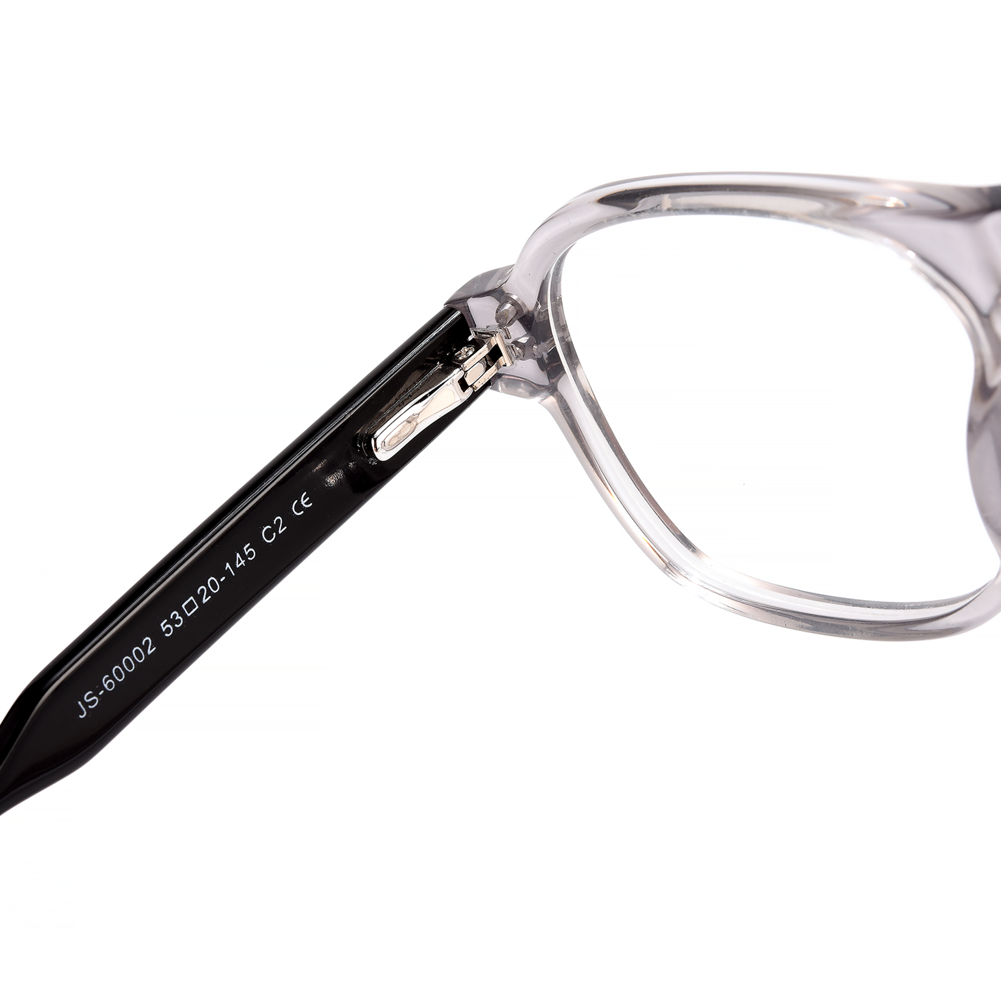 portman optical close Close-up of black and clear eyeglass frame.