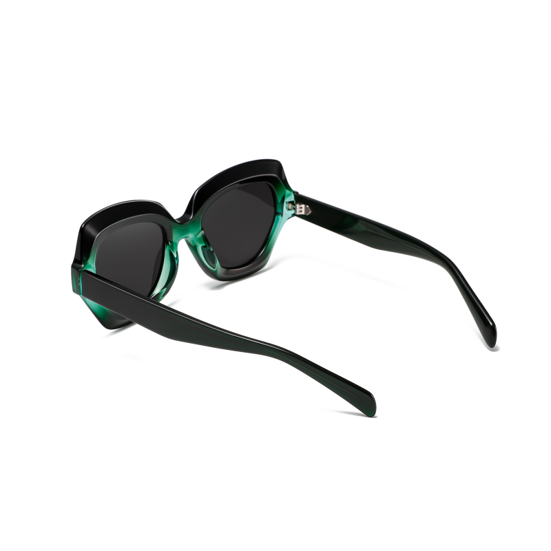 Stylish green and black sunglasses on white background.