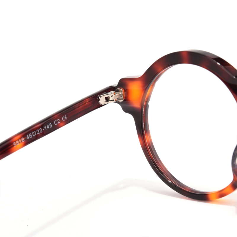 Close-up of tortoiseshell round eyeglasses frame.