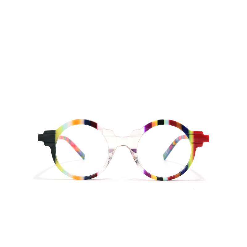 Colorful round glasses with rainbow frames.