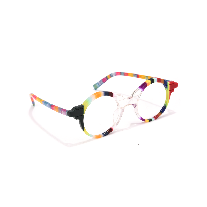 Rainbow striped round eyeglasses on white background.