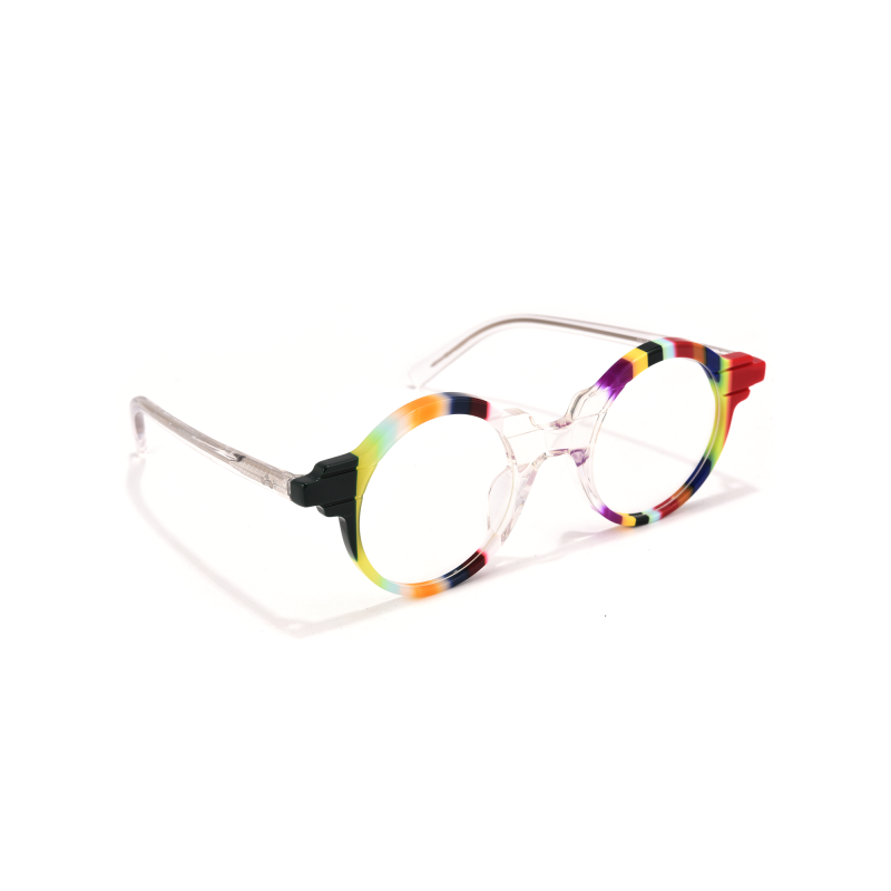 Colorful round eyeglasses with transparent temples.
