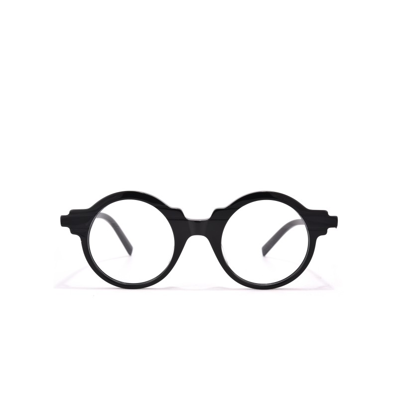 Round black eyeglasses on white background.