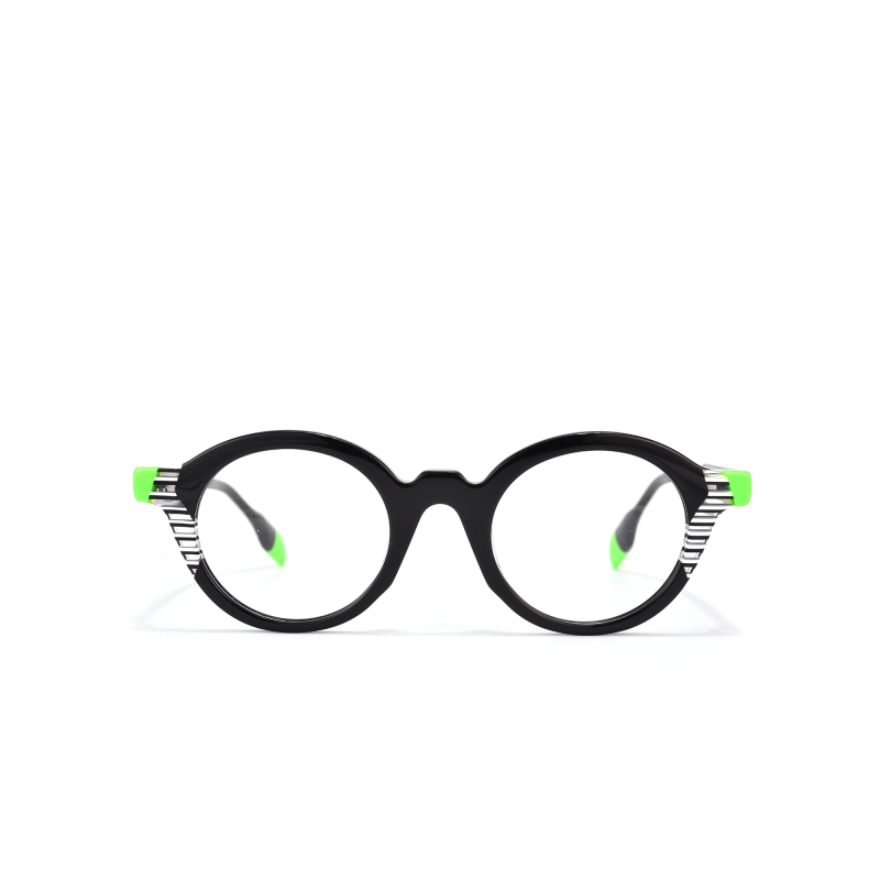 Black round eyeglasses with green accents.
