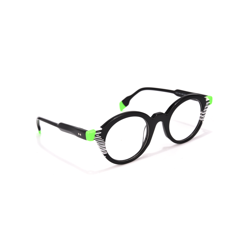 Black glasses with green accents on white background.